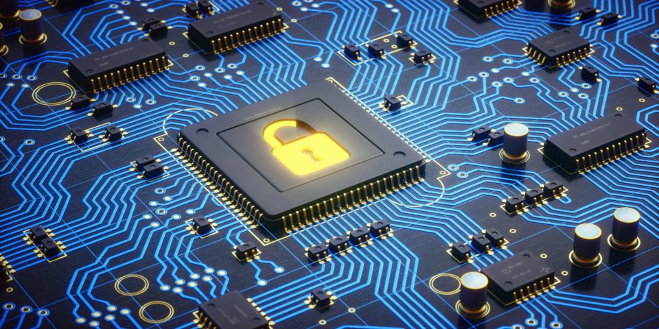 An abstract 3D render of a microprocessor on a circuit board with many electrical components installed. The central microprocessor has an integrated open padlock glowing in an yellow hue. The dark surface of the board is covered in subtle random encoded text. The circuit is in a saturated blue color with some end-pins glowing slightly. Components are labelled with made-up serial numbers. The image does not contain any real world brand names or labels.