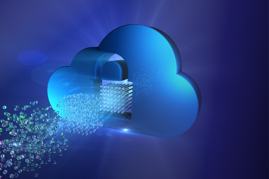 A stylized digital illustration of a blue cloud icon with a padlock symbol inside, representing cloud data security. Streams of small cubes flow into the cloud, symbolizing data backup and protection. The image conveys the concept of secure cloud storage and data continuity, aligning with themes of World Backup Day and business continuity planning.