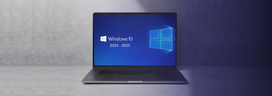 A laptop displaying the Windows 10 logo and text reading "2015 - 2025" on its screen, symbolizing the end-of-life period for Windows 10. The background is a gray concrete surface.