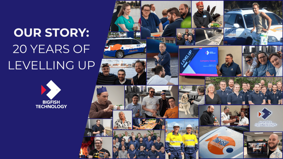 A collage of Bigfish Technology team members over 20 years of business to date,